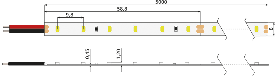 Technische Zeichnung eines WW LED Stripes | ConstaLED Technische Zeichnung eines Constaled WW LED-Stripes