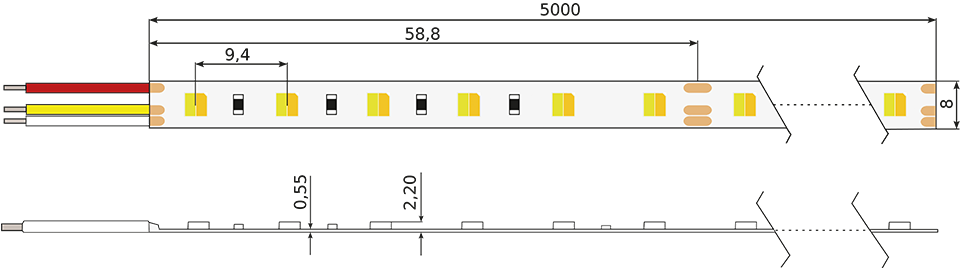 Technische Zeichnung eines DTW LED Stripes | ConstaLED Technische Zeichnung eines Constaled Deep Tunable White LED-Stripes