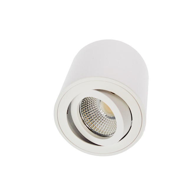 Nahaufnahme der kurzen weißen Aufbauleuchte mit LED-Spot von Constaled